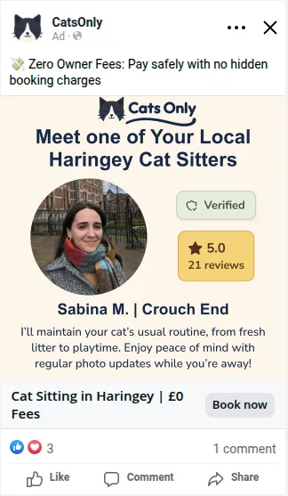 Sample CatsOnly Instagram and Facebook ad preview spotlighting a local cat sitter