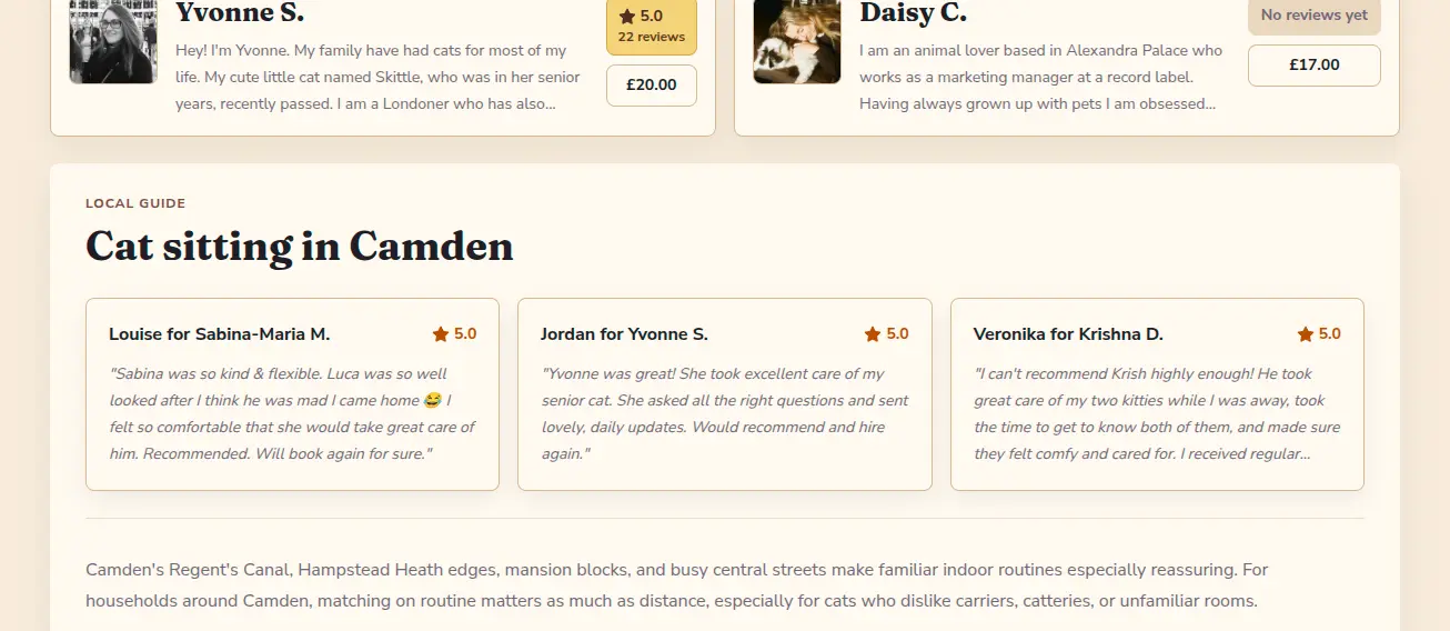 Featured Sitter Reviews on Location Landing Page